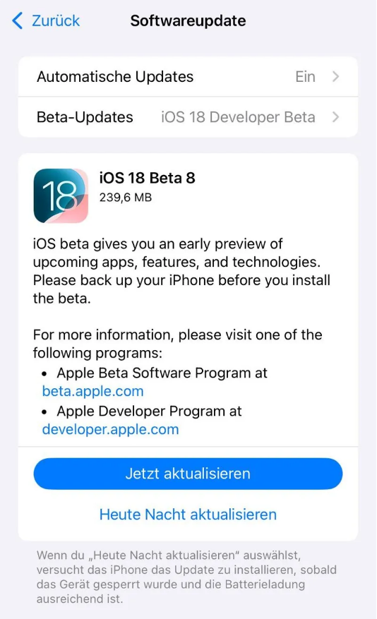 铺前镇苹果手机维修分享苹果 iOS / iPadOS 18 开发者预览版 Beta 8 发布 